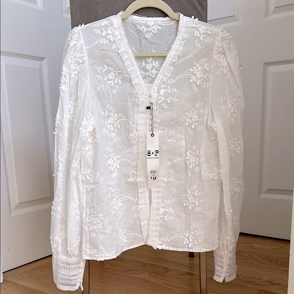 White Embroidered Blouse lantern sleeve